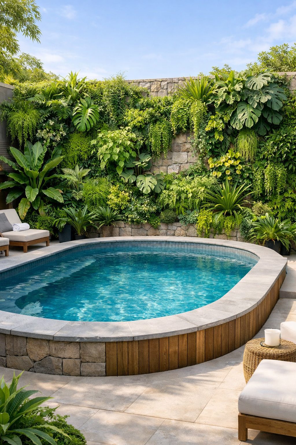 Backyard with a semi inground pool next to an exposed wall covered in green vertical garden plants.