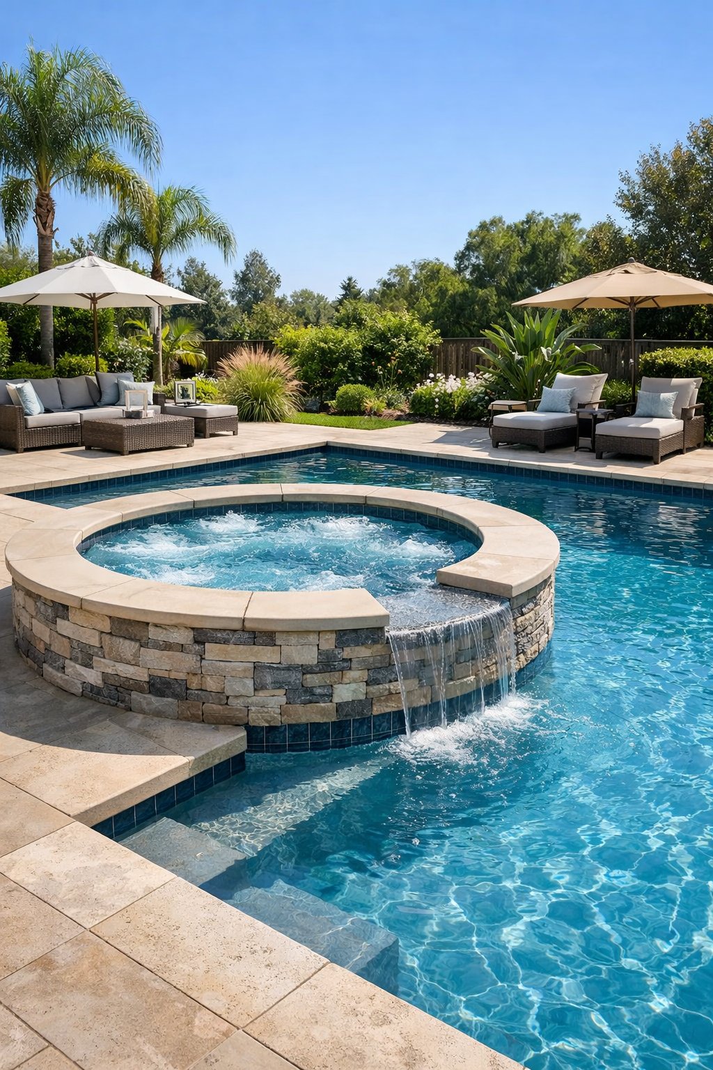 Backyard with a raised spa section attached to a semi-inground swimming pool surrounded by stone decking and greenery.