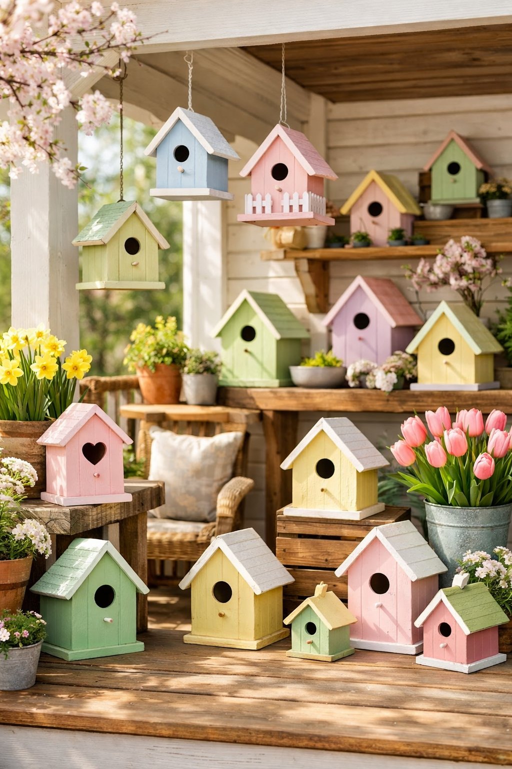 A sunlit porch decorated with pastel-colored birdhouses and blooming spring flowers.