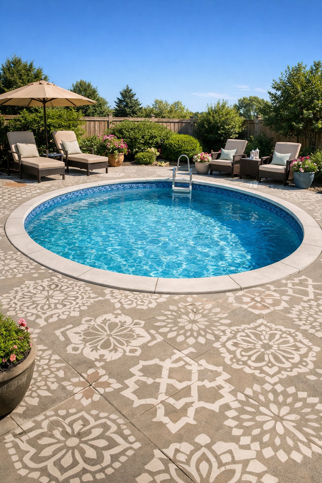 A backyard with a semi inground pool surrounded by a concrete deck featuring patterned stenciling and outdoor furniture.