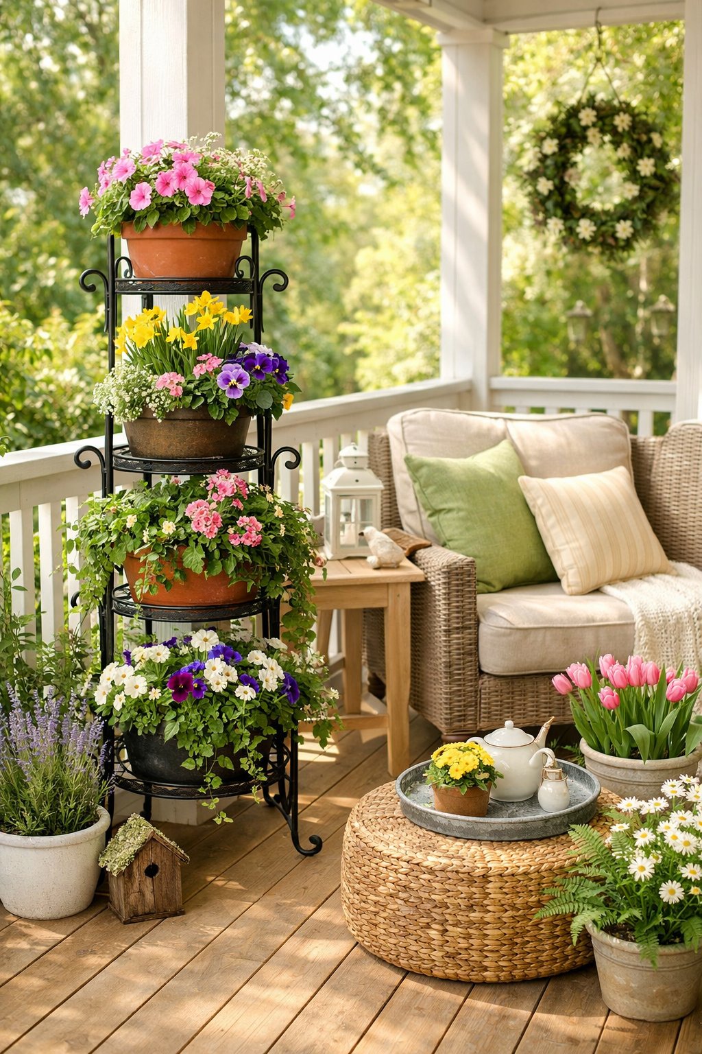 A porch with a tall, slender plant stand holding green plants and colorful flowers, surrounded by seating and other potted plants.