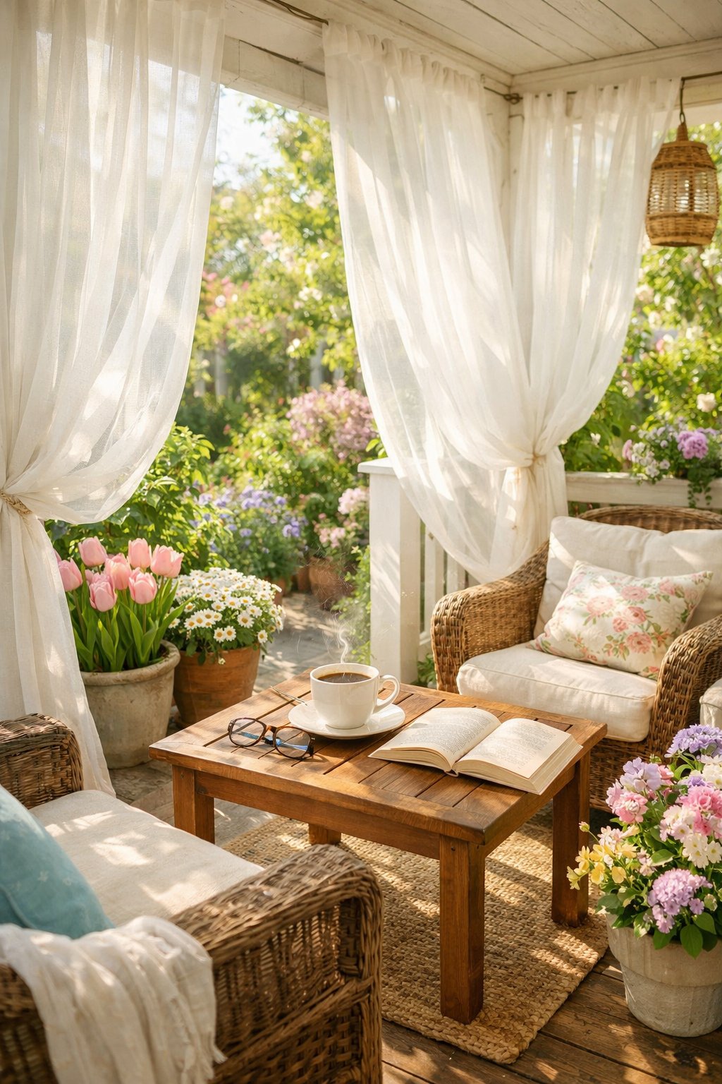 A cozy porch with sheer curtains, comfortable seating, a small table with a coffee cup, surrounded by green plants and spring flowers.