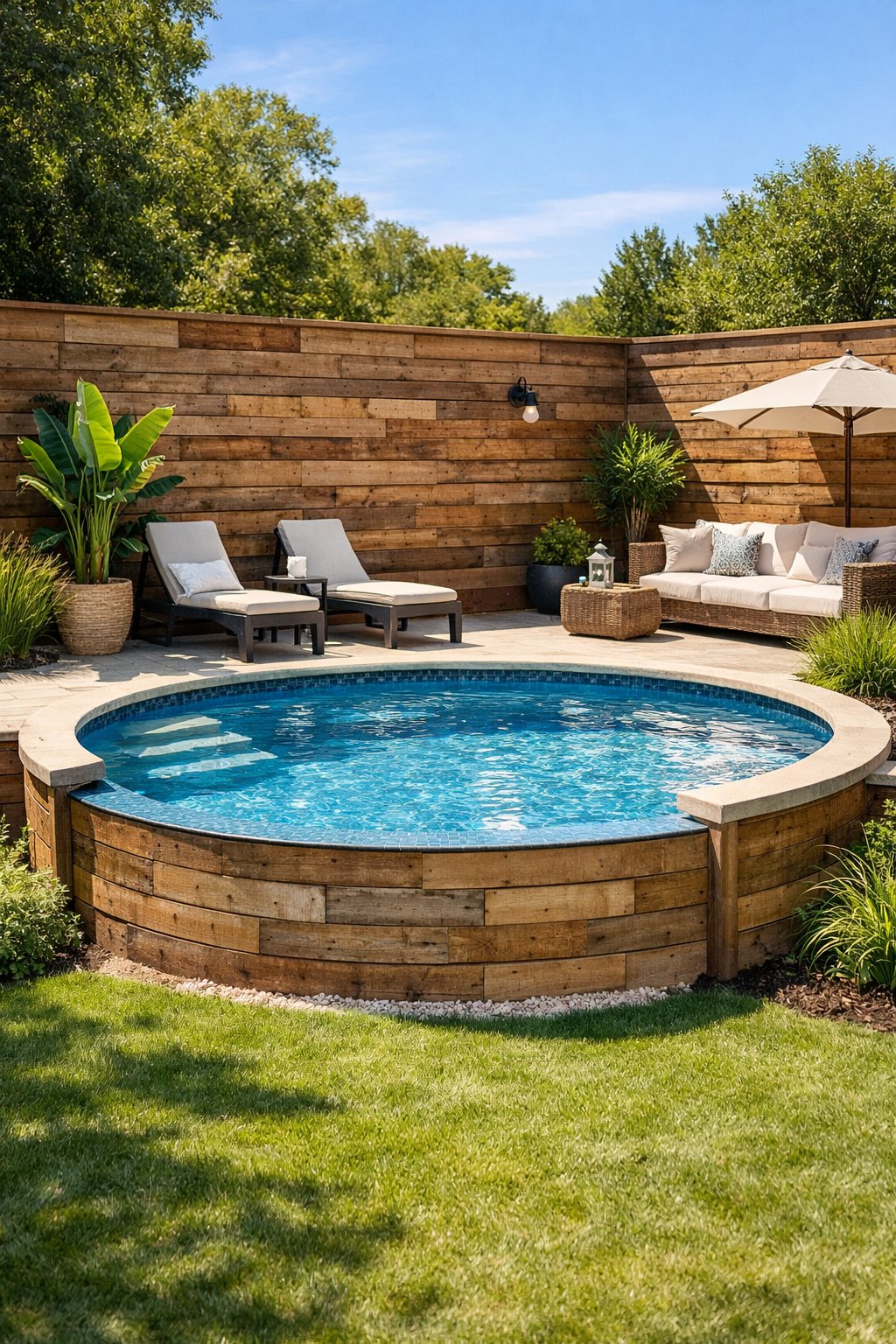 Backyard with a semi inground swimming pool surrounded by wooden paneled walls and outdoor furniture.