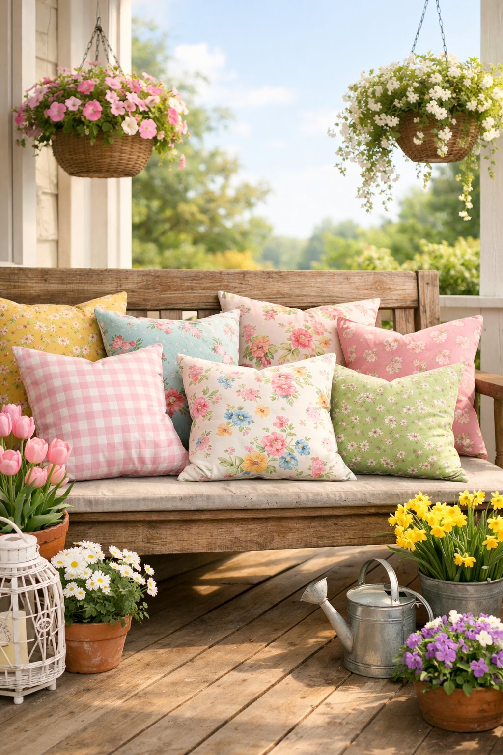 A porch with a wooden bench covered in pastel-colored floral throw pillows surrounded by spring flowers and greenery.
