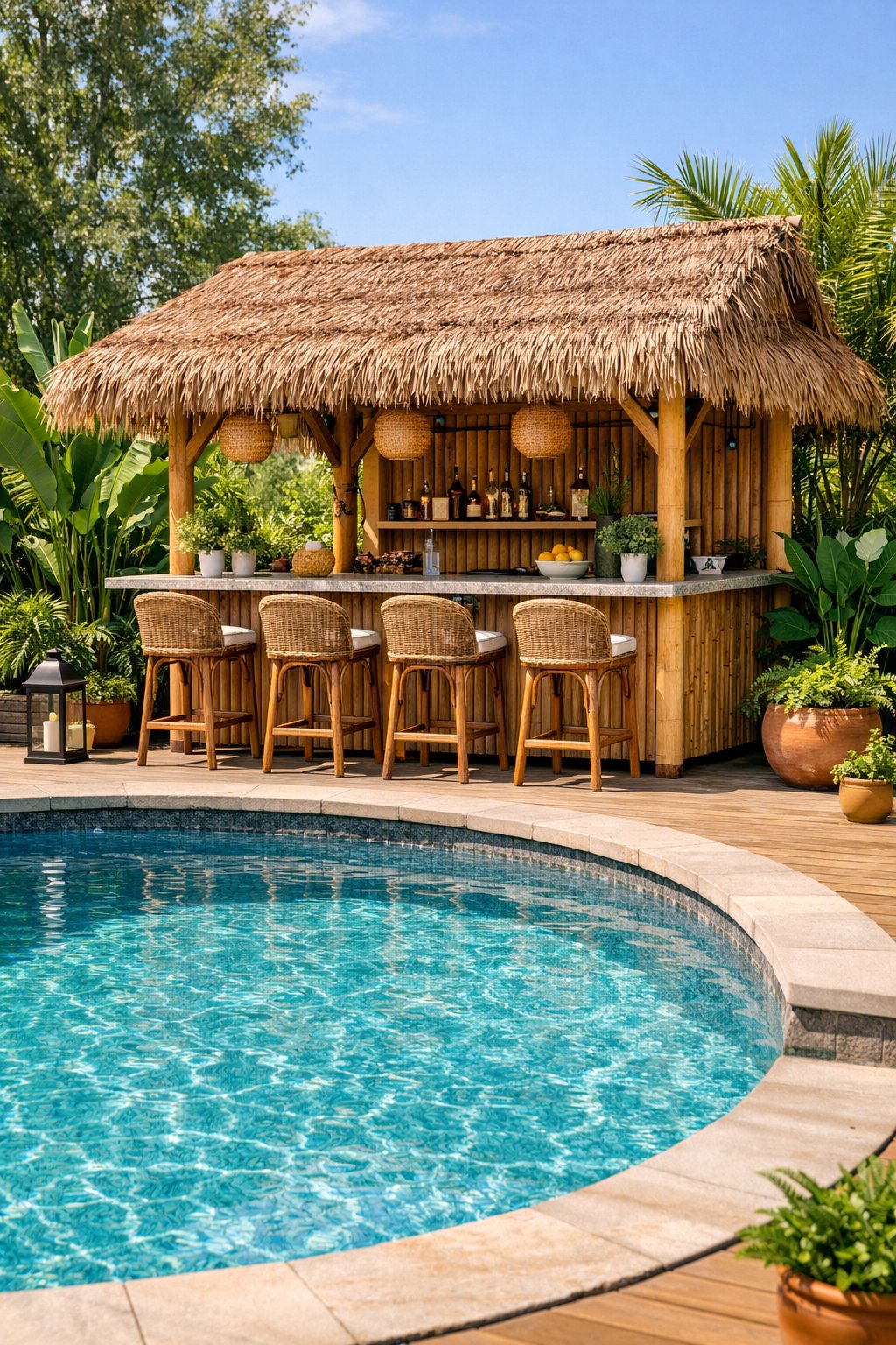 Backyard with a semi inground pool next to a thatched roof pool bar surrounded by tropical plants.