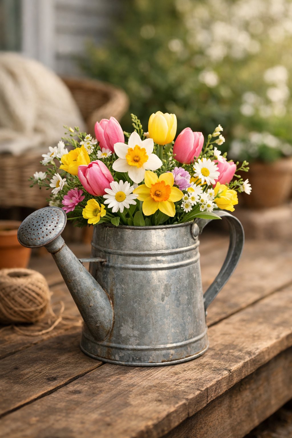 A vintage metal watering can filled with fresh spring flowers sitting on a wooden porch.