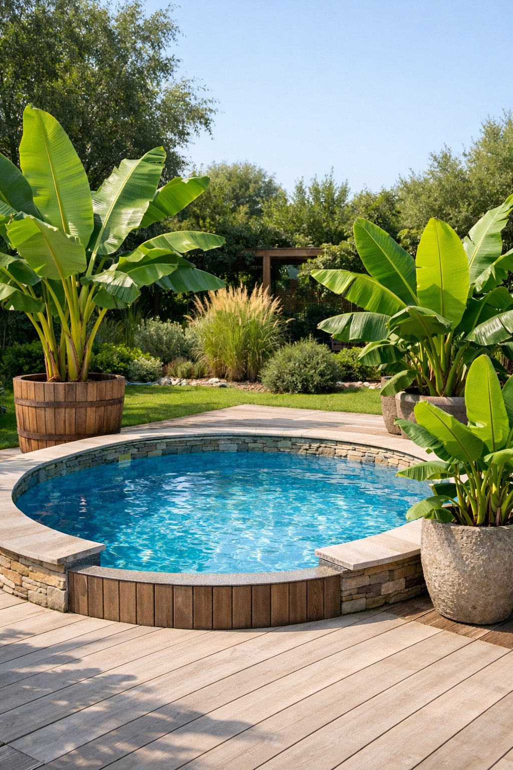 A backyard with a semi inground pool surrounded by banana tree planters and greenery.