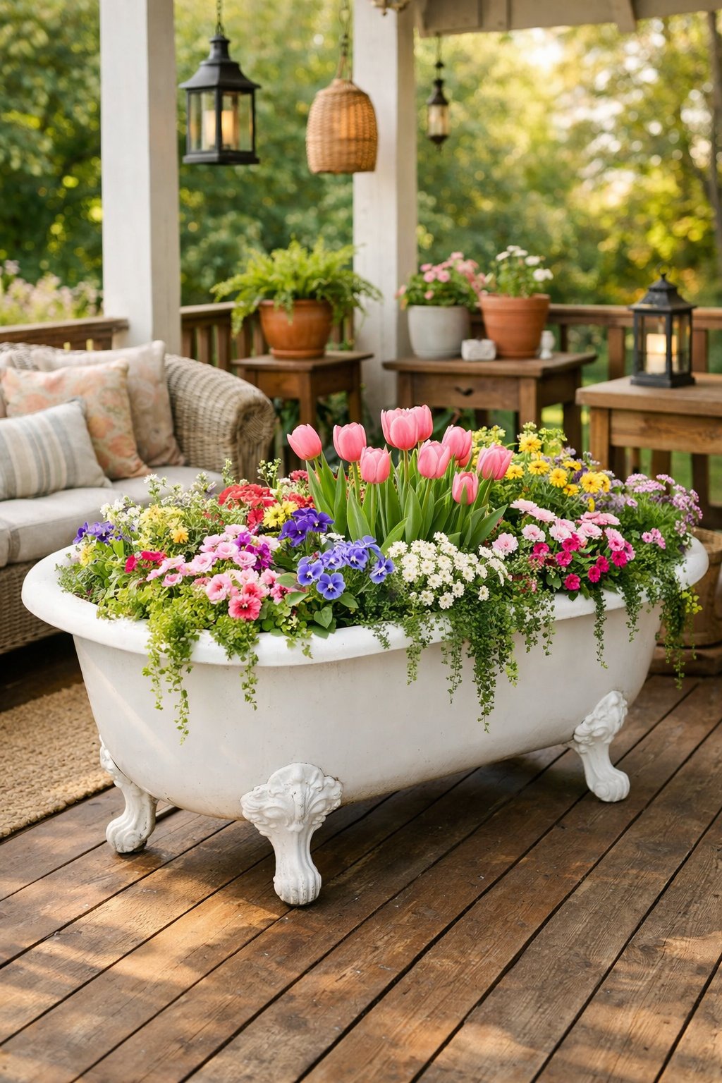 A porch with a clawfoot bathtub filled with colorful spring flowers used as a planter, surrounded by plants and outdoor seating.