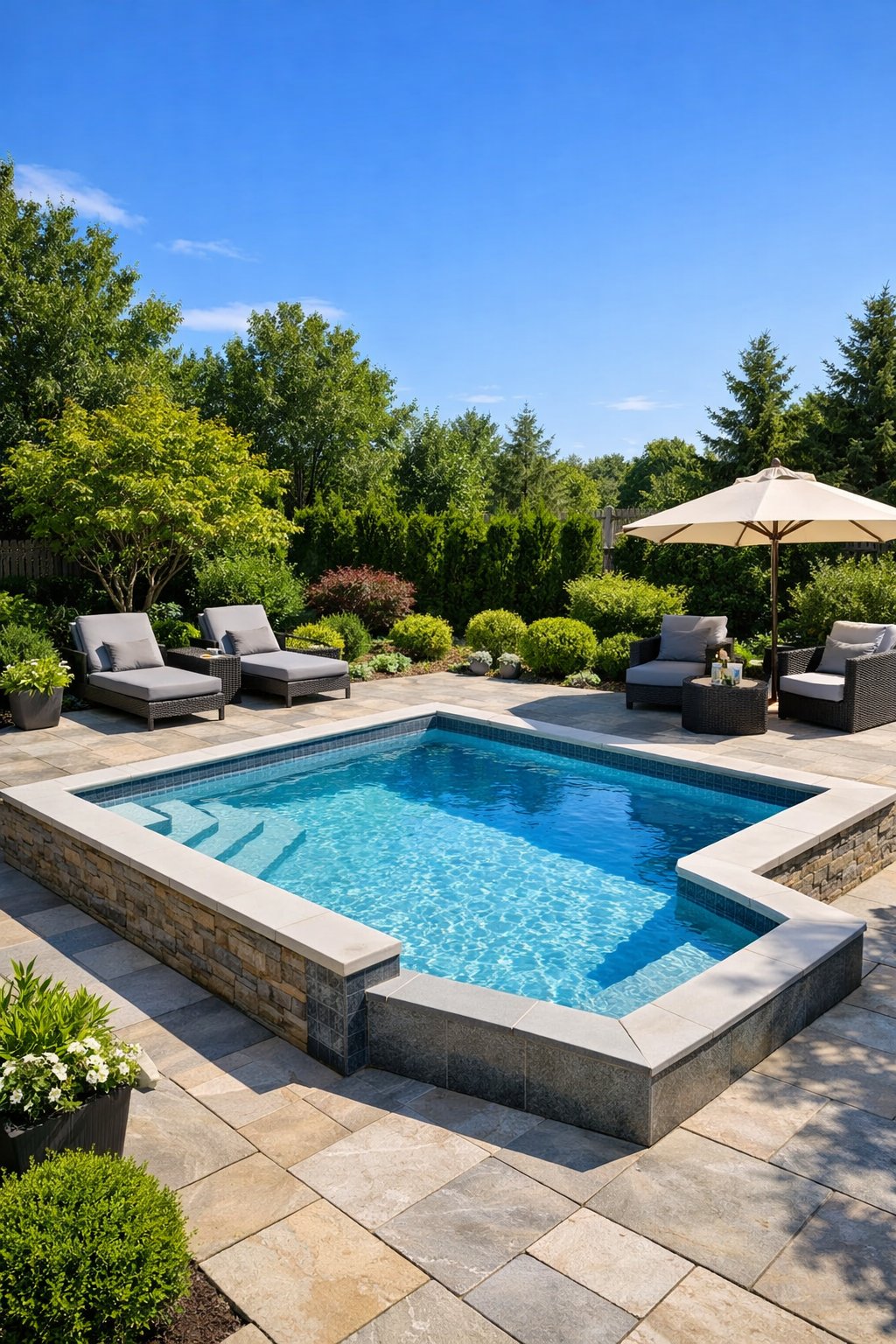 Backyard with a semi-inground geometric shaped swimming pool surrounded by patio, outdoor furniture, and green landscaping under a clear sky.