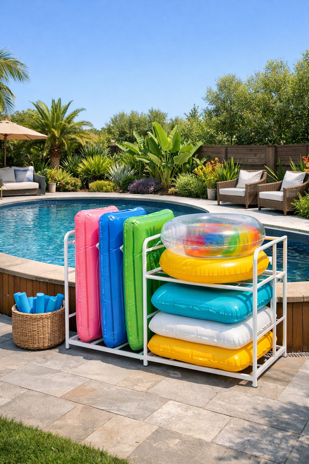 Backyard with a semi-inground swimming pool and a storage area holding colorful floating pool loungers near the poolside.