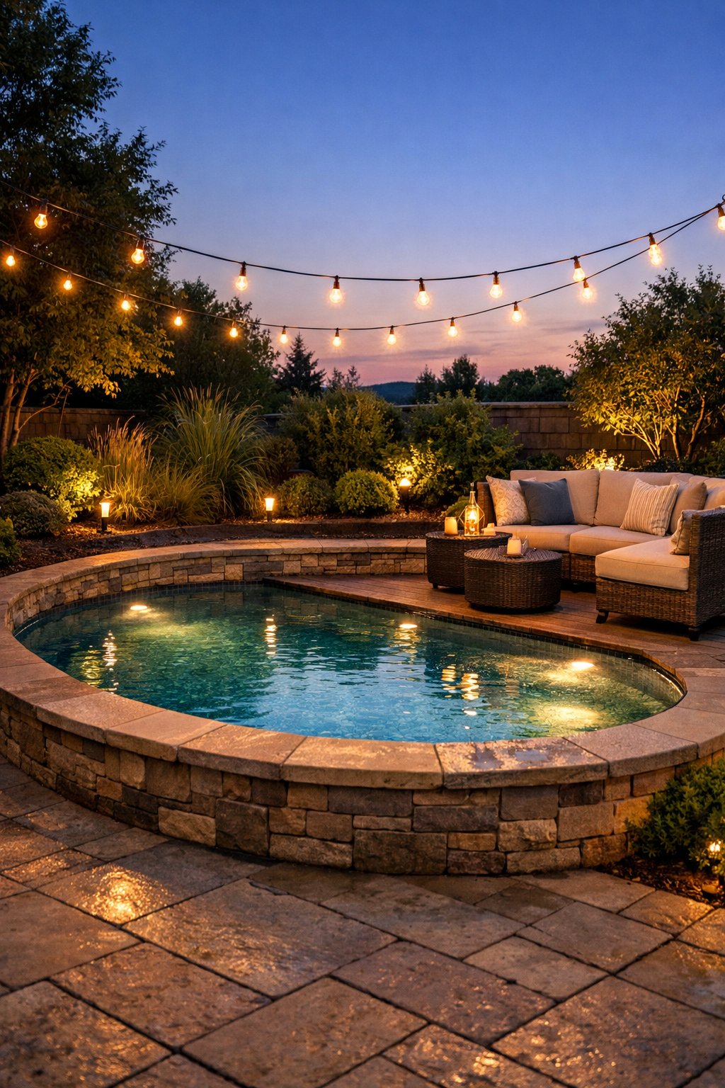 A backyard with a semi inground pool under warm string lights at dusk, surrounded by plants and outdoor seating.
