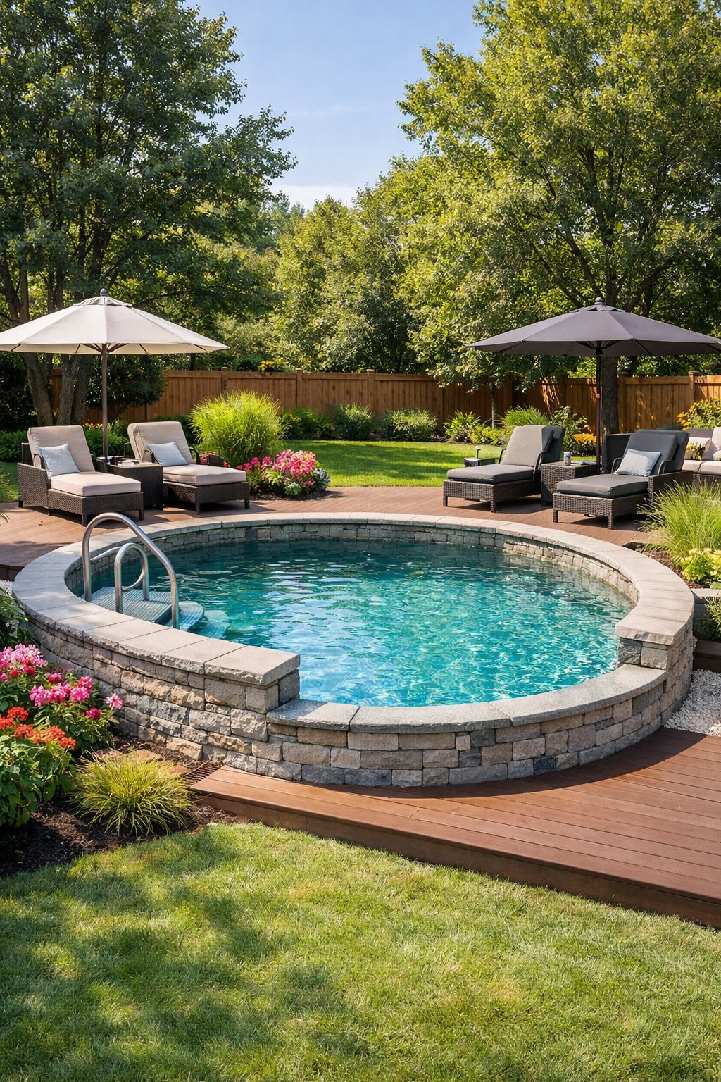 Backyard with a semi inground saltwater pool surrounded by stone edging, green grass, plants, lounge chairs, and trees.