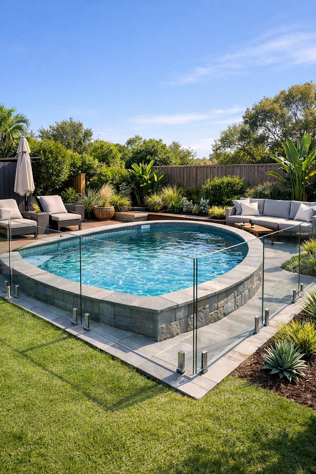 Backyard with a semi inground swimming pool enclosed by a glass wall, surrounded by greenery and outdoor furniture.