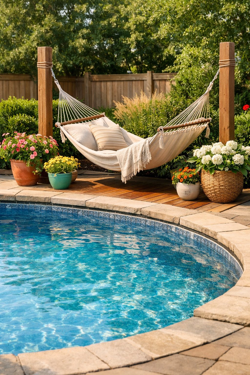 Backyard with a semi inground pool and a hammock hanging nearby surrounded by plants and patio.