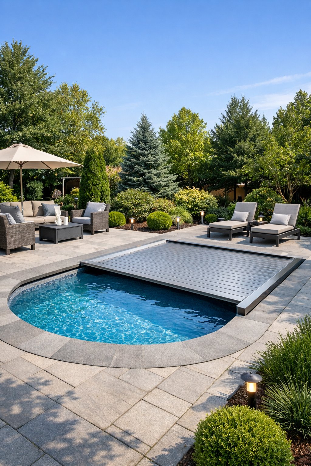Backyard with a semi inground swimming pool and a retractable pool cover partially extended, surrounded by patio furniture and greenery.