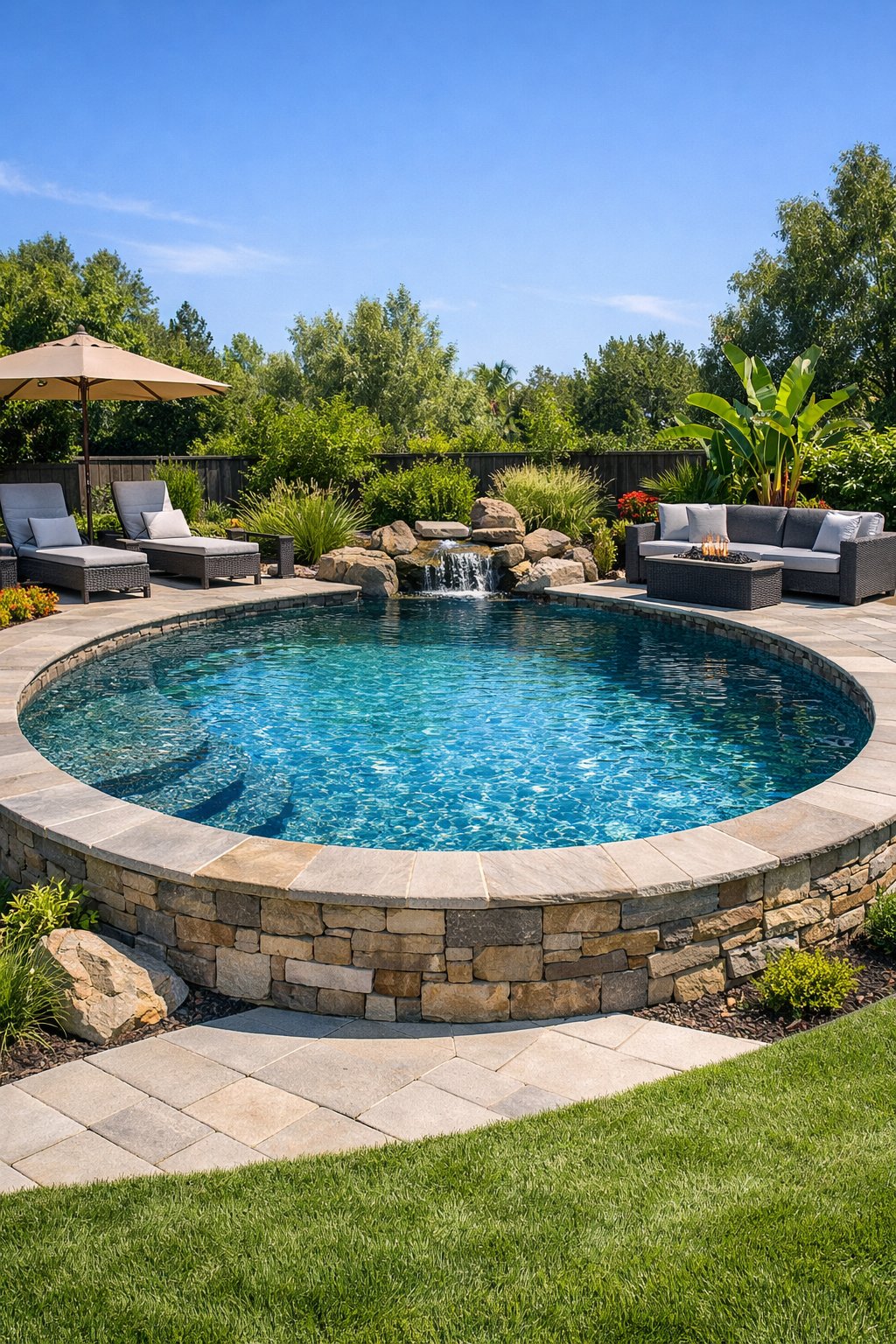 Backyard with a semi inground pool featuring a pebble finish interior, surrounded by plants and outdoor furniture on a sunny day.