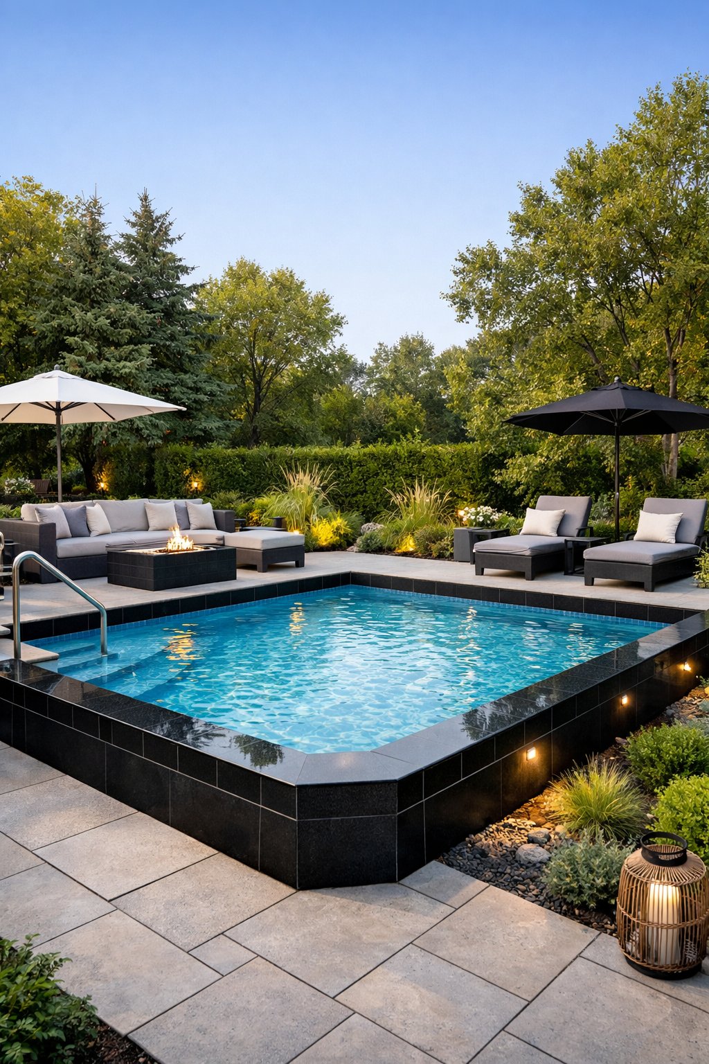Backyard with a semi inground pool featuring black tile accents, surrounded by patio furniture and greenery.