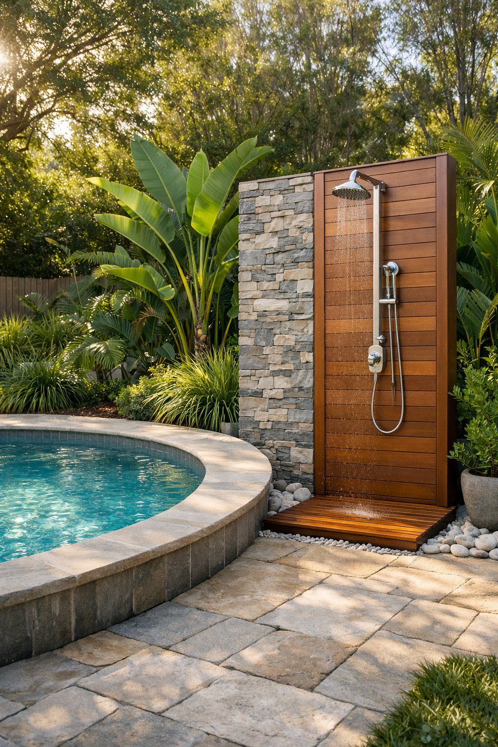 Outdoor shower next to a semi inground pool surrounded by greenery in a backyard.