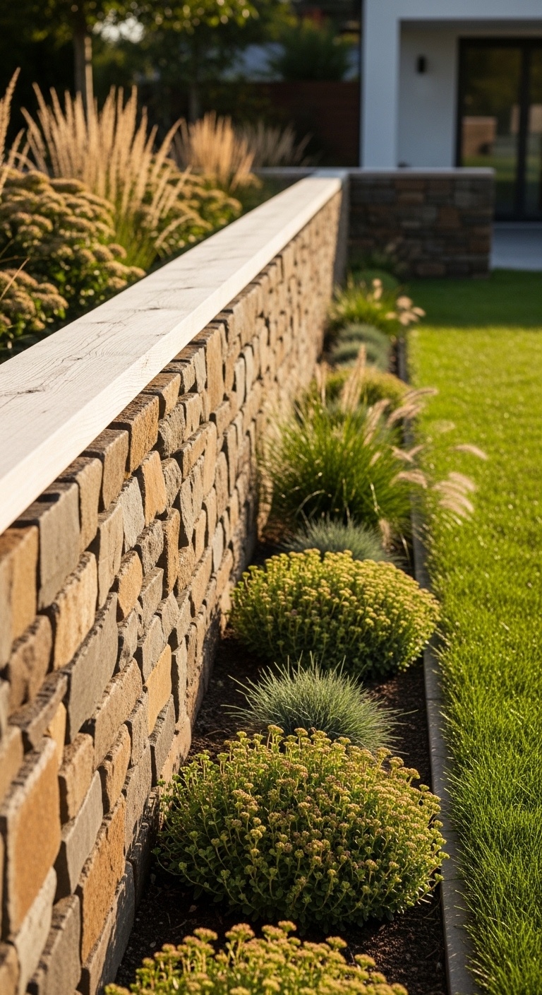 Natural stone low wall topped with a thin wooden cap for contrast