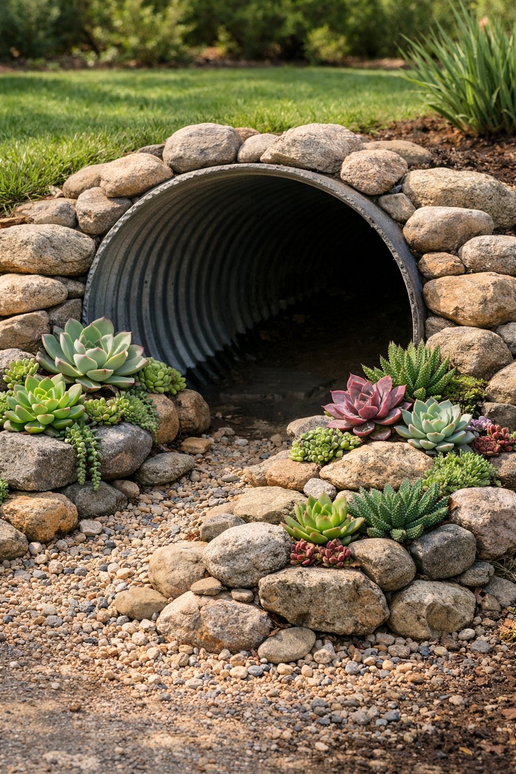 A culvert entrance decorated with stacked stones and various succulents forming a small rock garden surrounded by grass.