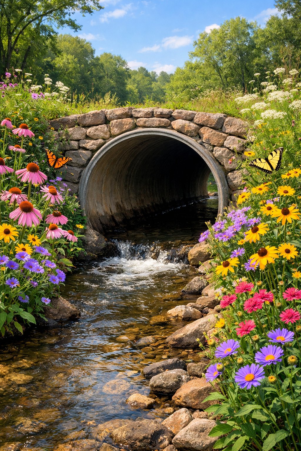 A culvert surrounded by colorful native wildflowers with butterflies and bees in a natural outdoor setting.