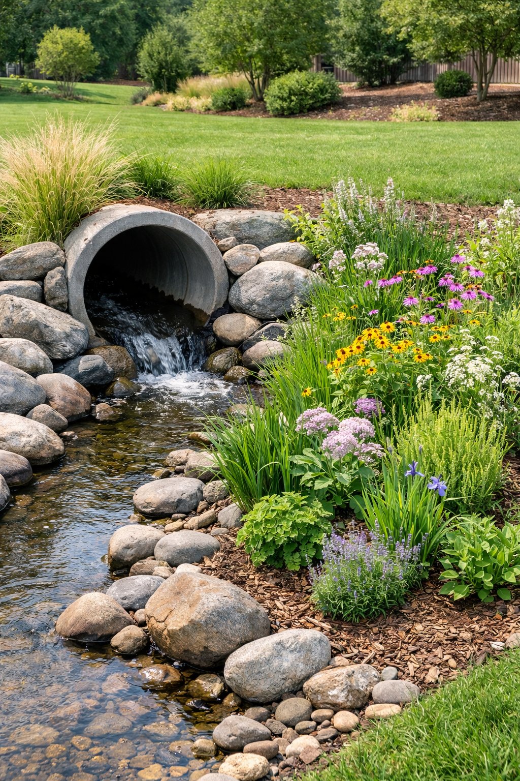 A rain garden with native plants and flowers next to a culvert, surrounded by greenery and natural landscaping.