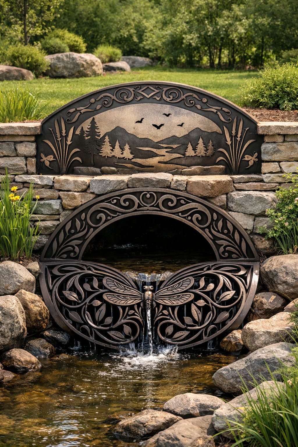 A landscaped culvert opening covered with decorative metal grates surrounded by greenery and plants.
