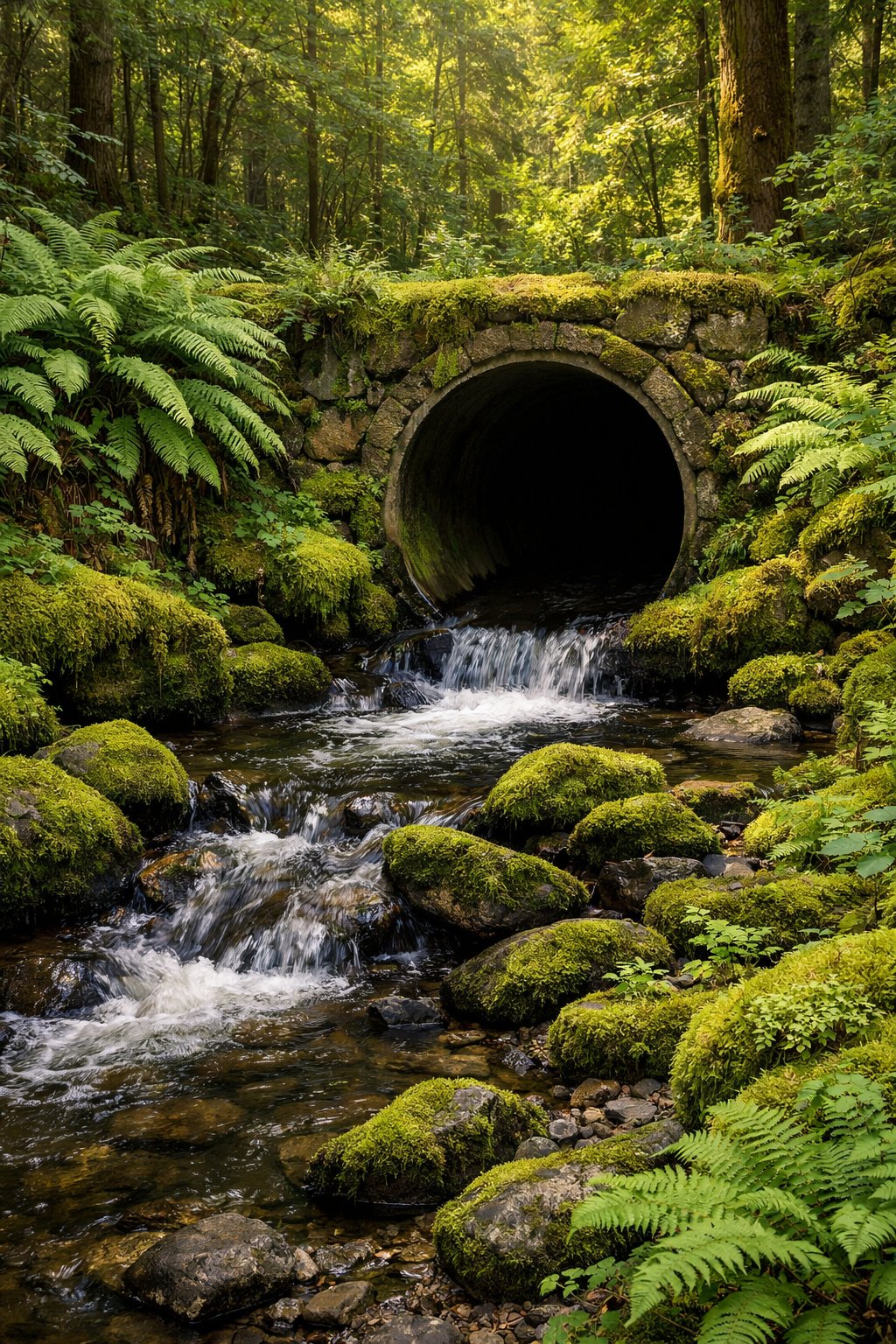 A small stream flows through a culvert surrounded by green ferns and moss-covered rocks in a dense forest.