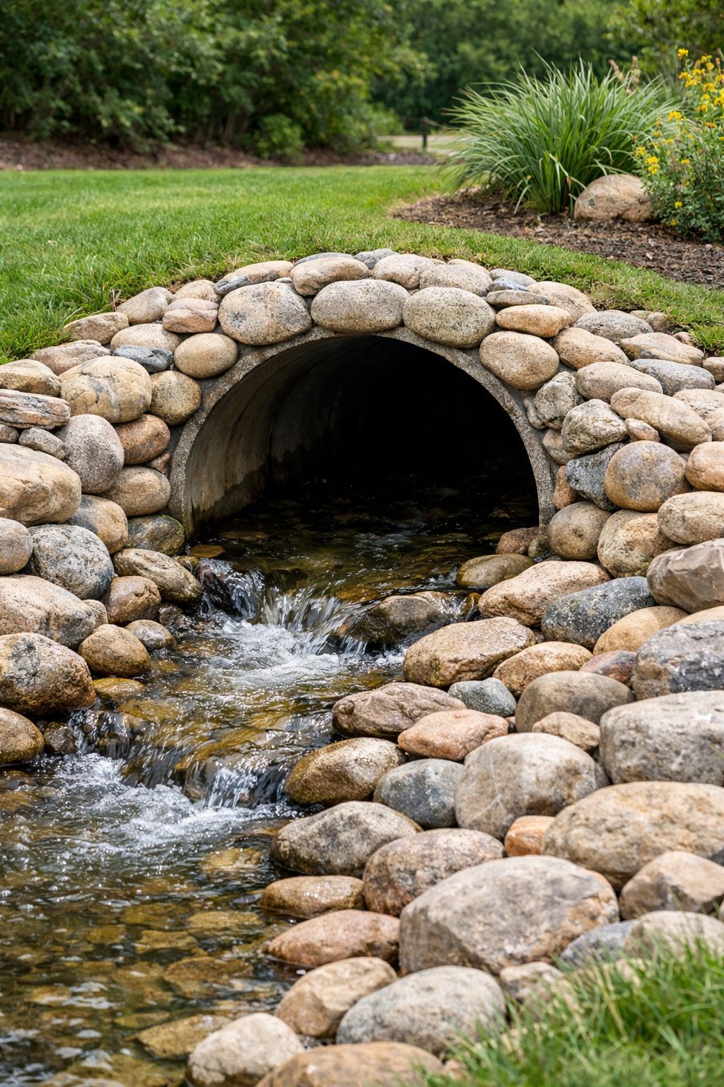 A culvert lined with river rocks surrounded by grass and plants with water flowing through it.