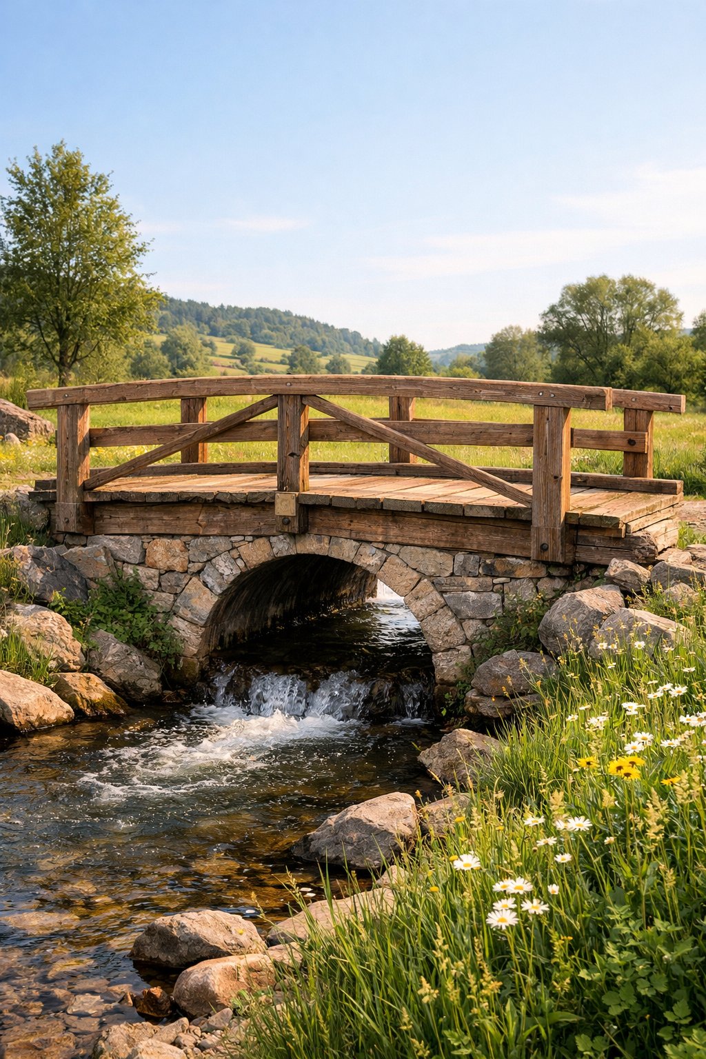 A small wooden bridge over a culvert with a stream flowing beneath, surrounded by grass, wildflowers, and trees in a countryside landscape.