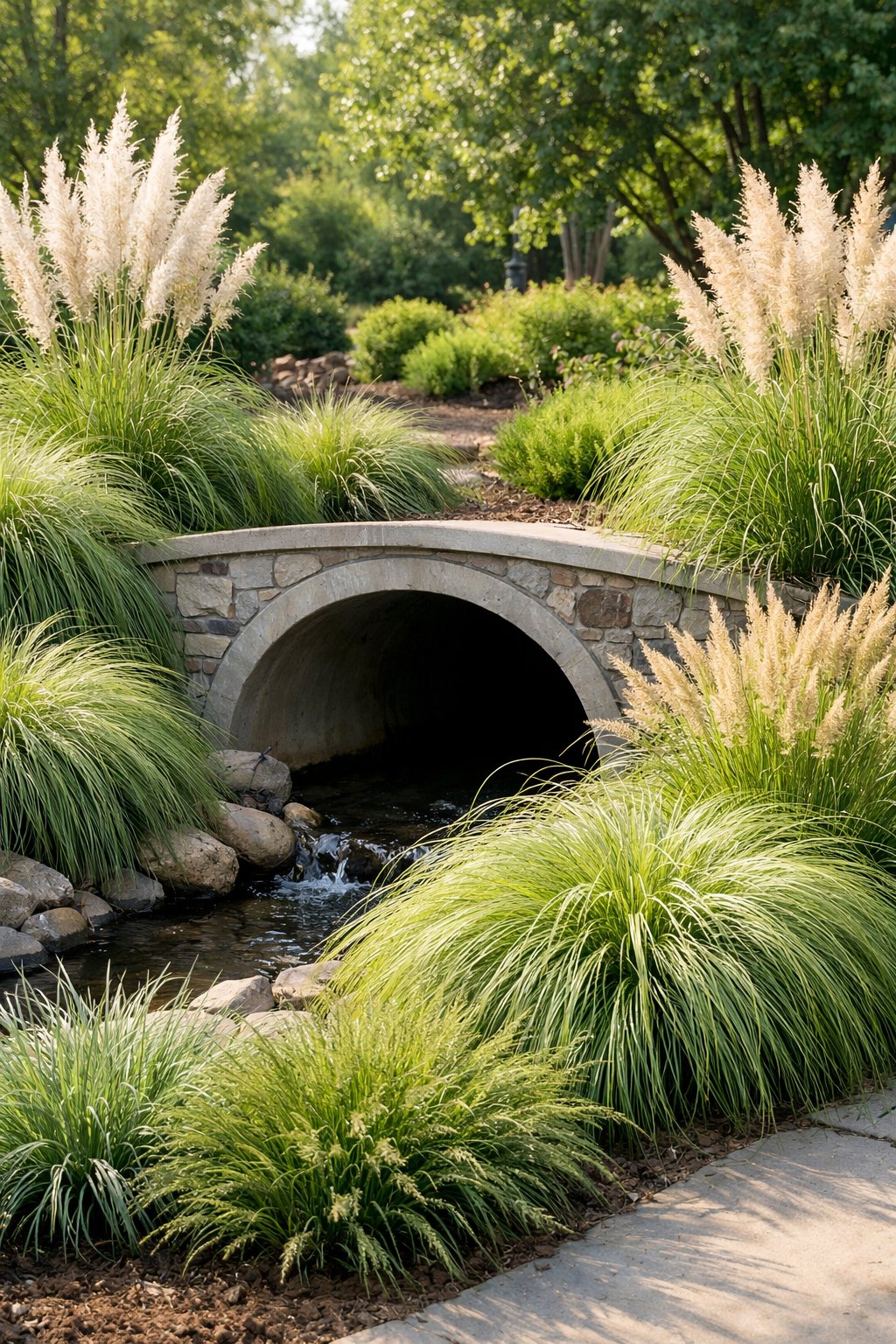 A landscaped culvert surrounded by various ornamental grasses gently swaying, blending natural plants with the structure.