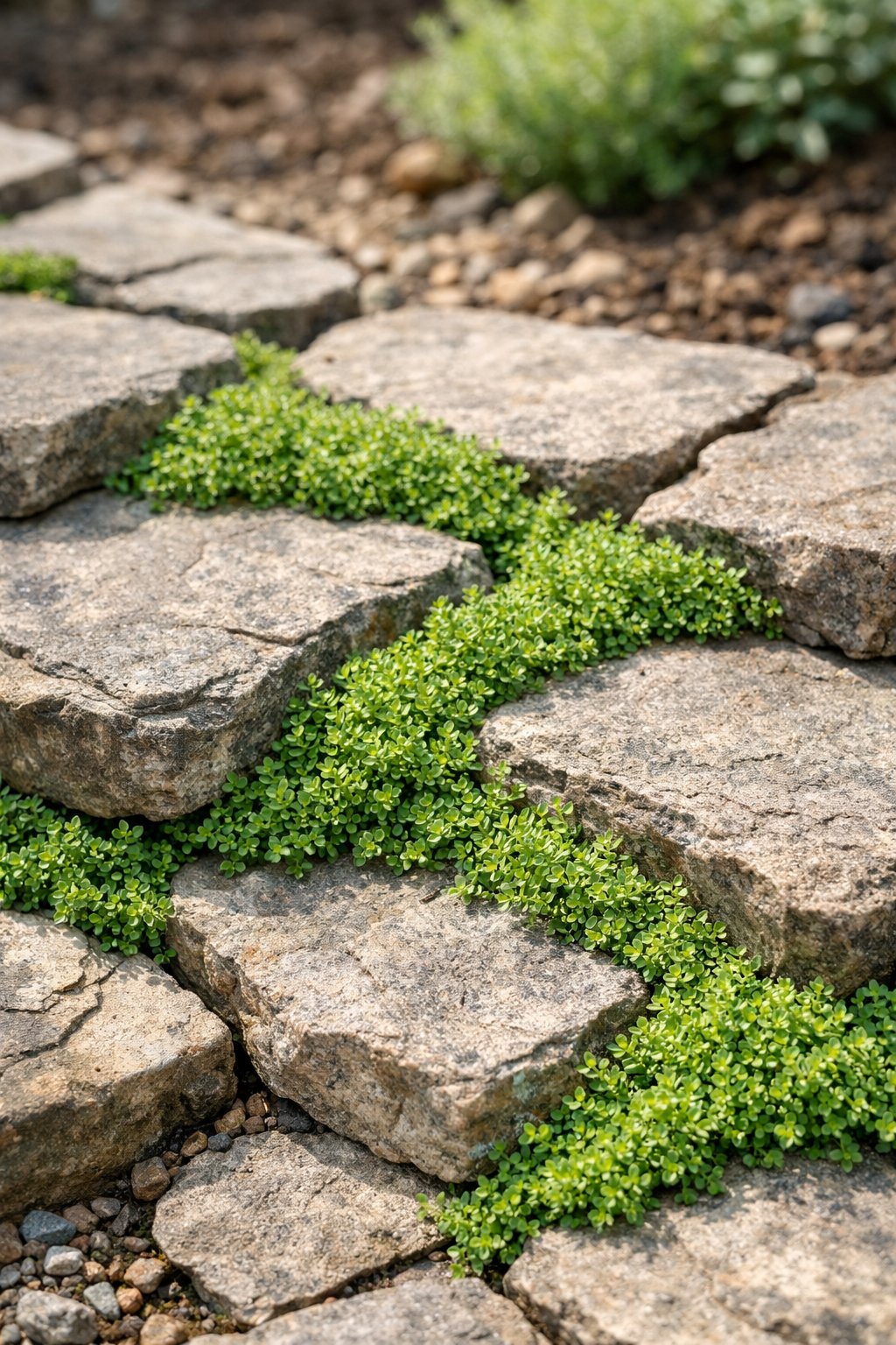 Close-up of creeping thyme or moss growing between natural stones in an outdoor landscaping area.