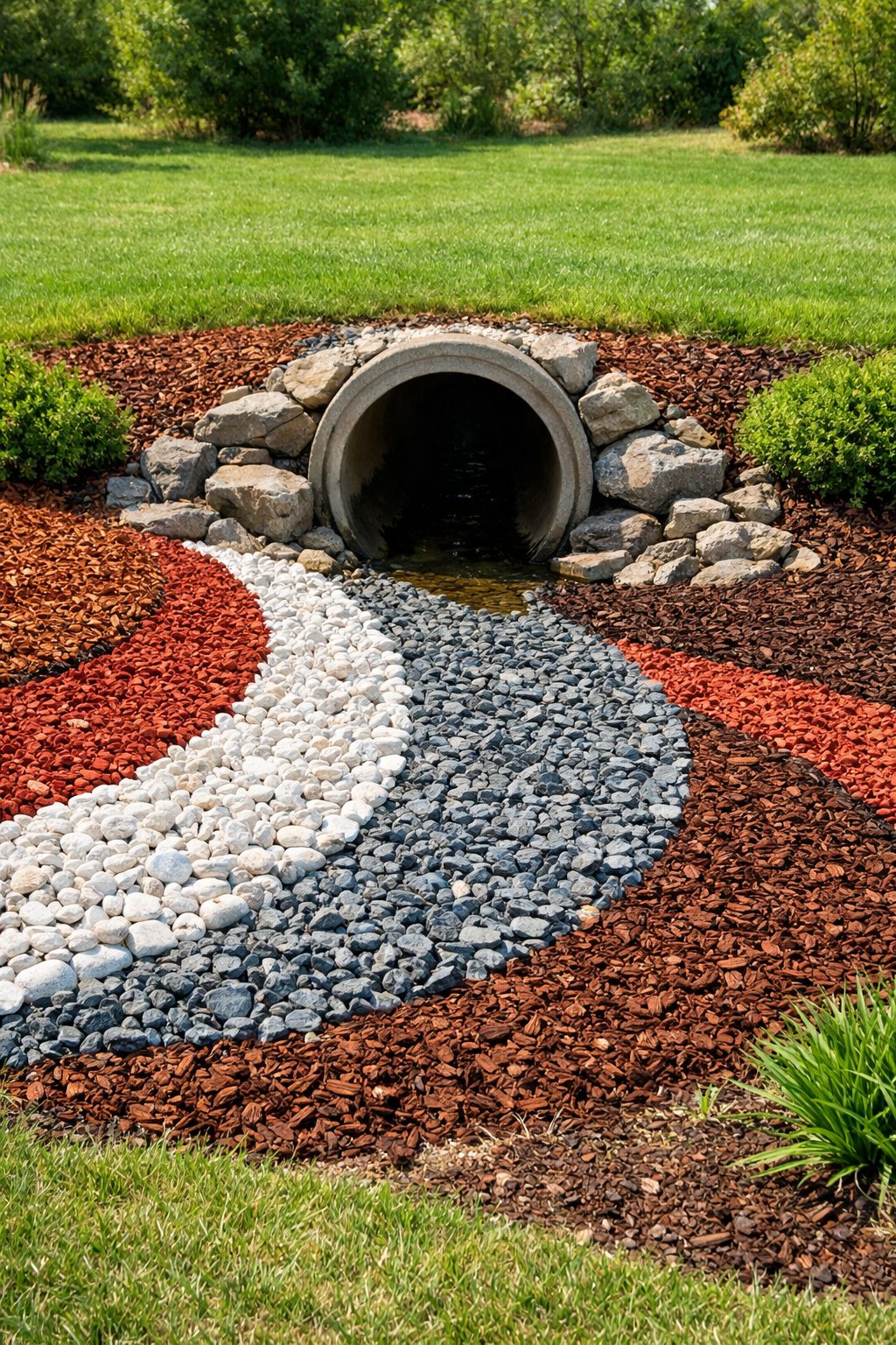 A landscaped outdoor area featuring a culvert surrounded by colorful gravel and mulch arranged in decorative patterns with grass and small plants nearby.