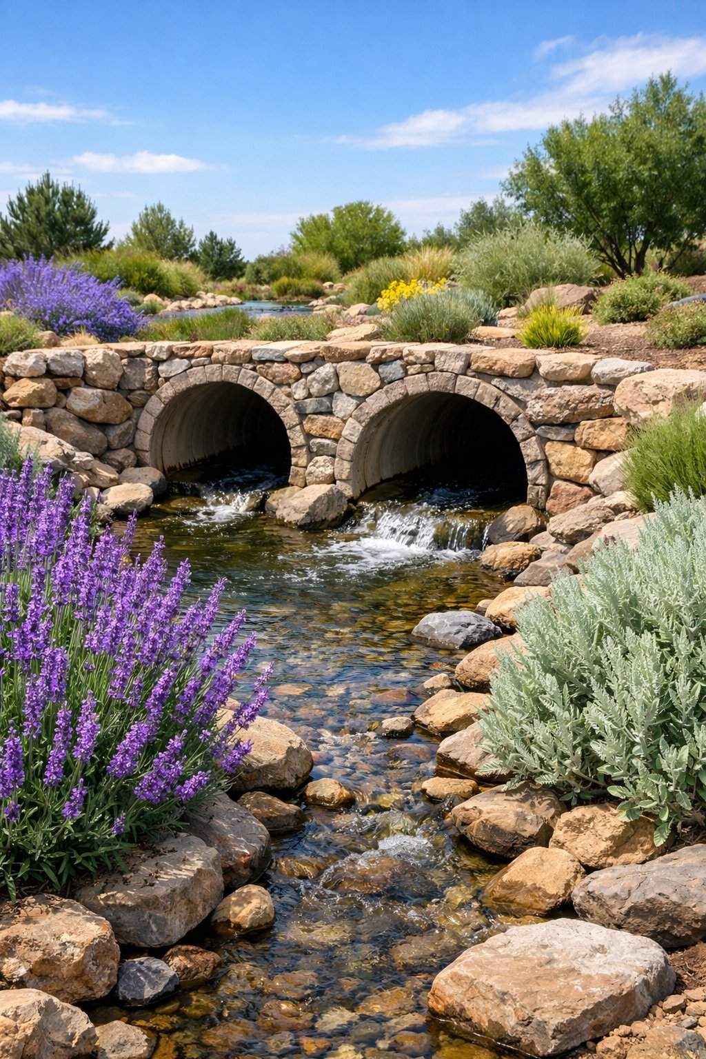 A landscaped culvert area with flowing water surrounded by blooming lavender and sage plants.