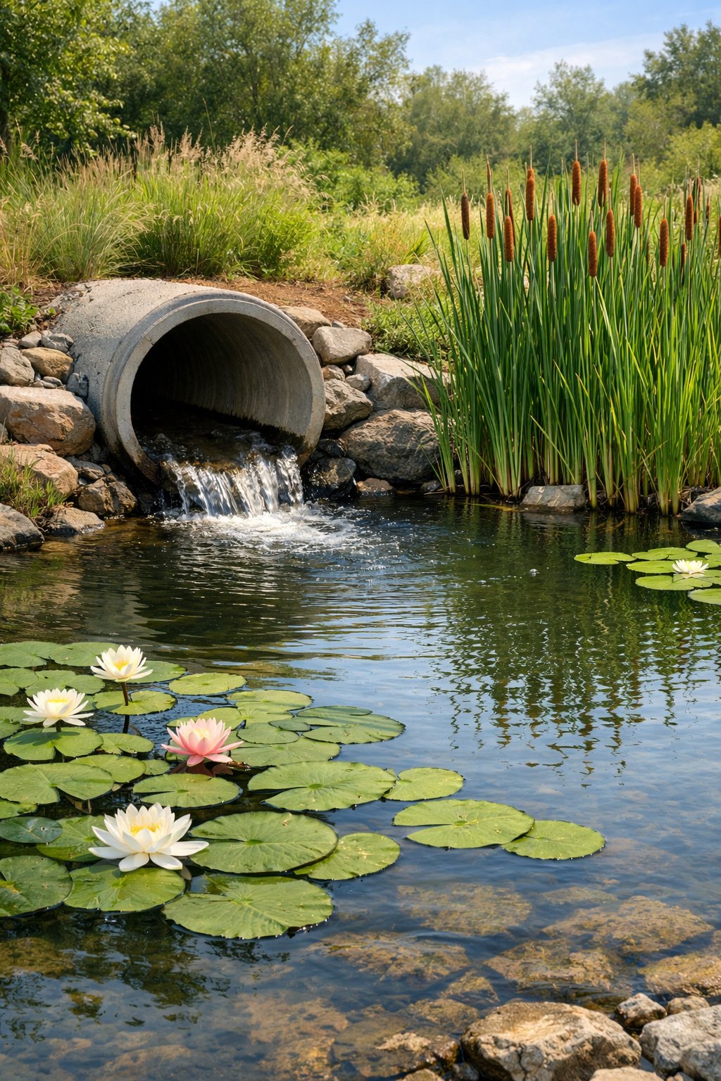 A culvert flowing into a pond surrounded by water lilies and tall cattails along the water's edge.