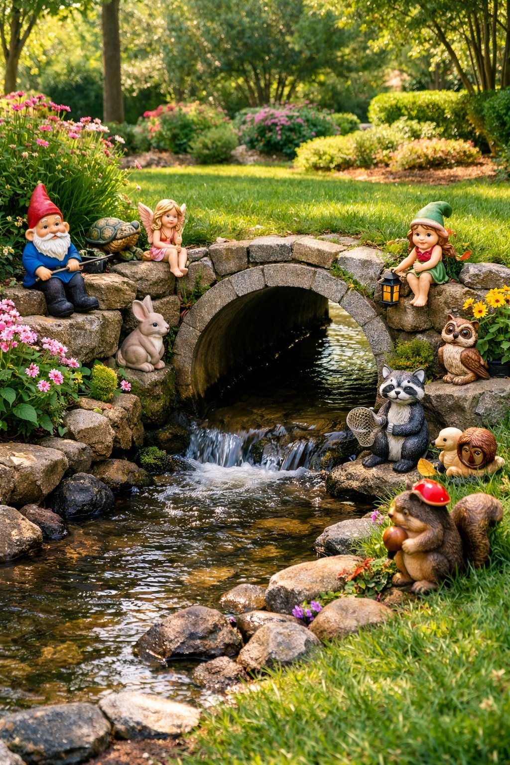 A culvert area decorated with colorful whimsical garden statues surrounded by green grass and flowering plants.