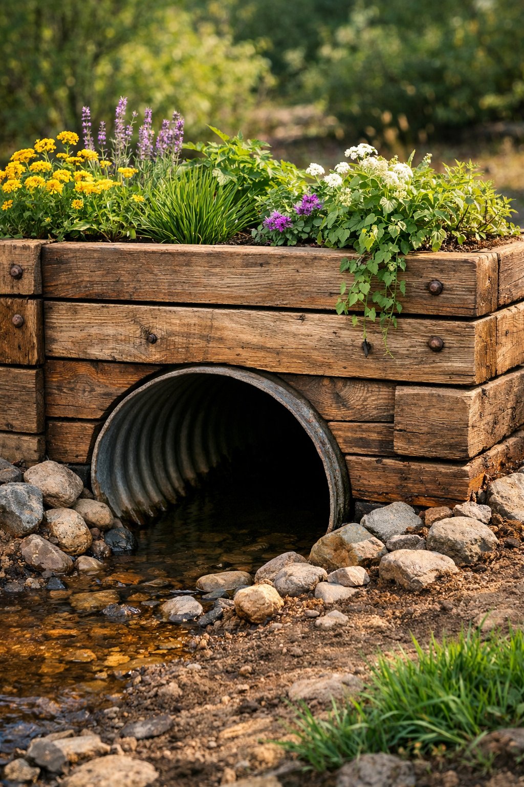 A culvert framed by a planter box made from reclaimed wood with plants growing inside it outdoors.