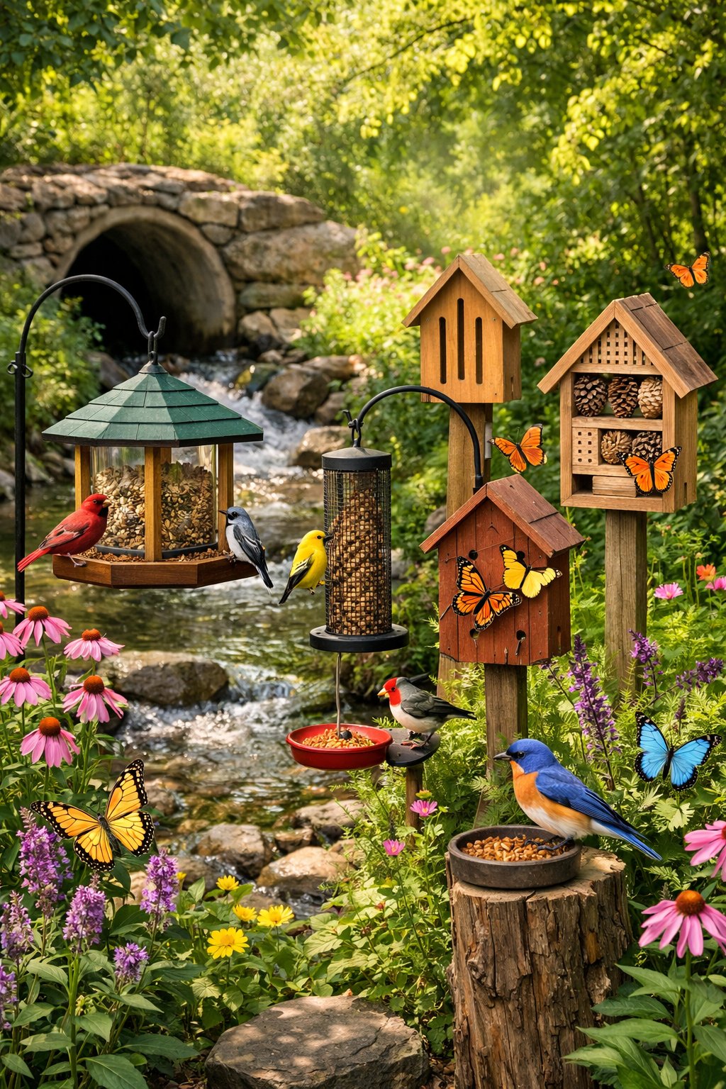 A natural outdoor scene with bird feeders and butterfly houses near a small stream surrounded by plants, with birds and butterflies visiting.