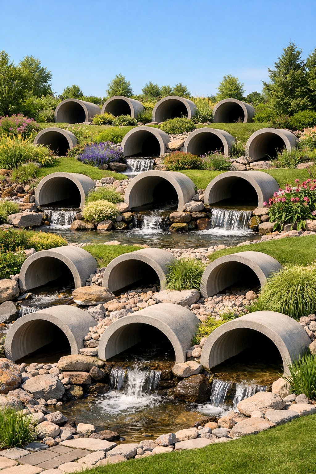 A landscaped outdoor area with multiple culverts surrounded by grass, plants, and decorative stones under a clear sky.