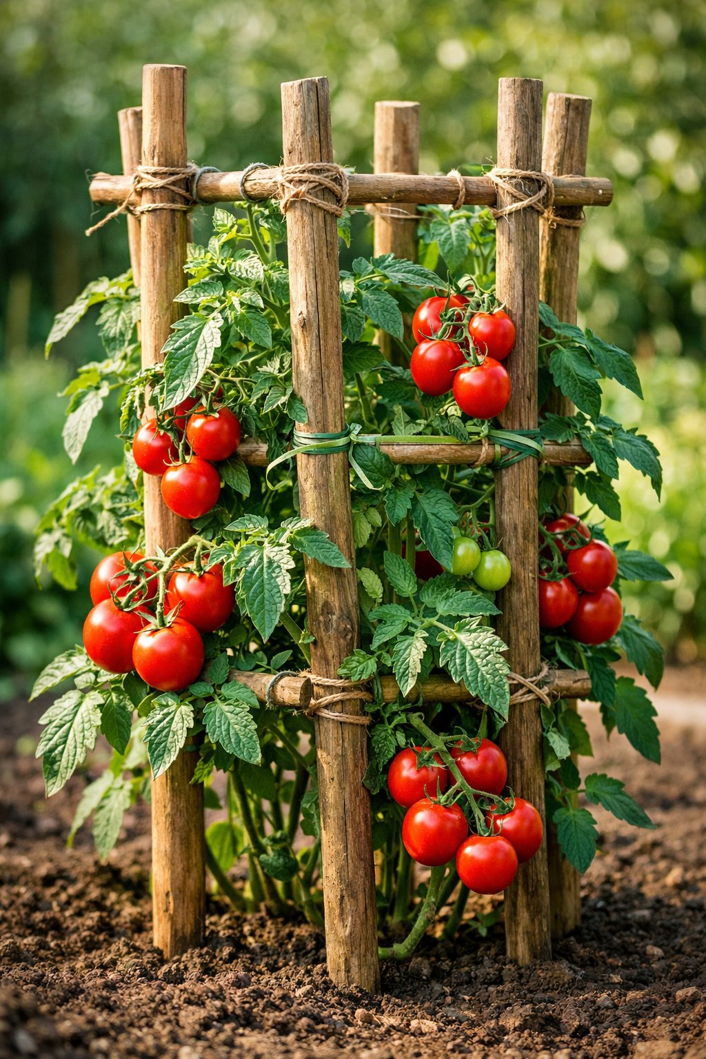 Tomato plants growing on a classic wooden stake trellis with ripe red tomatoes in a garden.