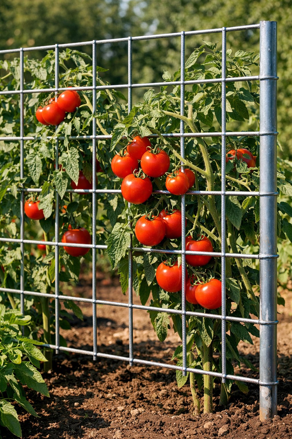 Tomato plants supported by a sturdy metal cattle panel trellis in a garden with ripe red tomatoes hanging from the vines.