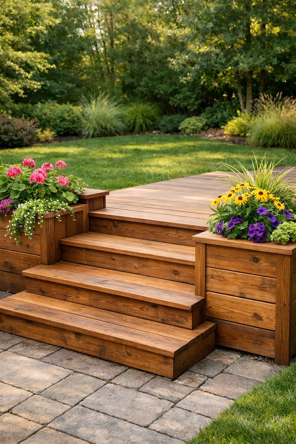 Wooden front steps in a backyard with built-in planters filled with green plants and flowers.