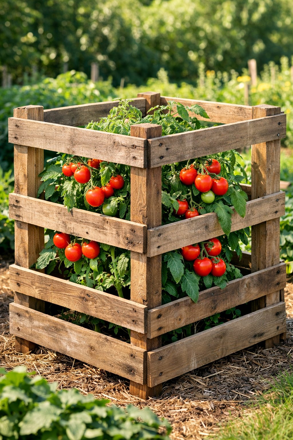 A tomato cage made from recycled wooden pallets supporting ripe tomato plants in a garden.