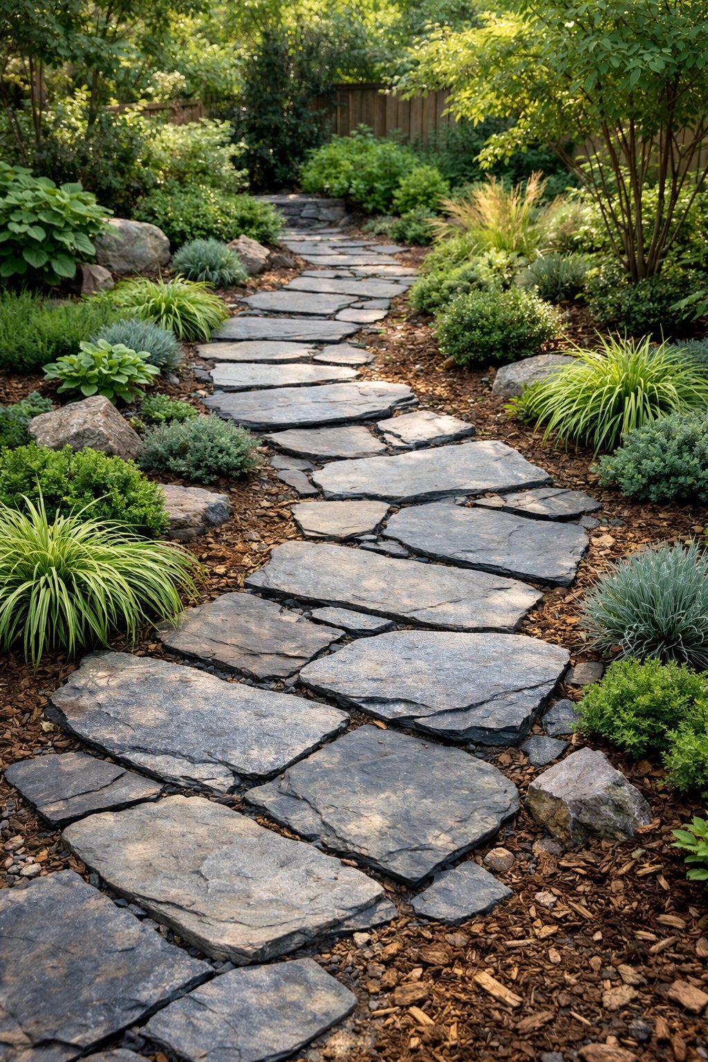 A winding stone step path made of irregular slate stones surrounded by green plants in a backyard garden.