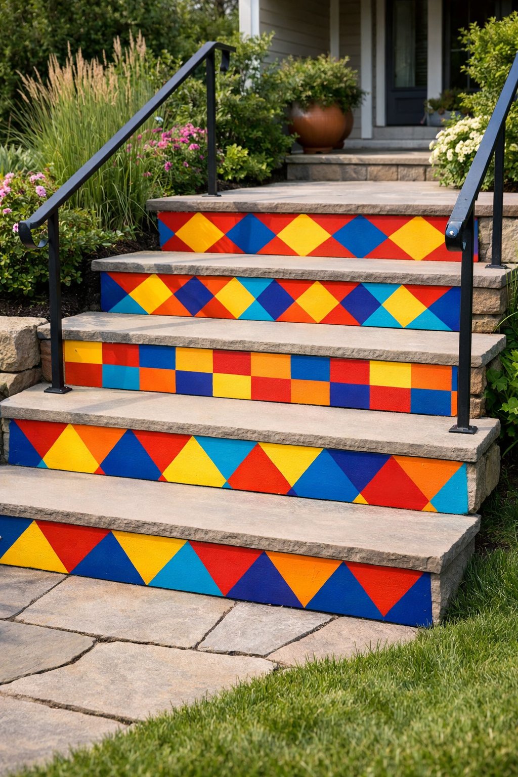Front backyard steps with colorful geometric patterns painted on the risers, surrounded by green grass and garden plants.