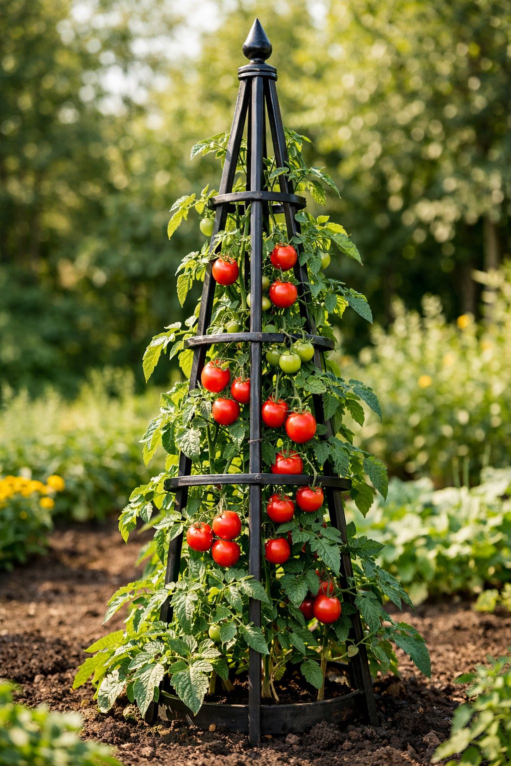 Tomato plants climbing a tall obelisk trellis in a sunny garden with ripe red tomatoes.