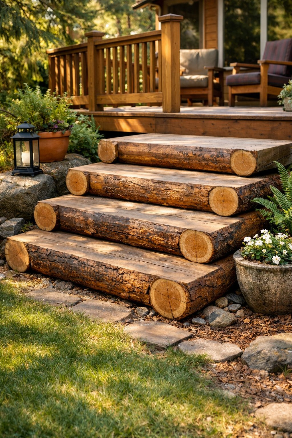 Front steps in a backyard made from stacked cedar logs surrounded by green plants and trees.