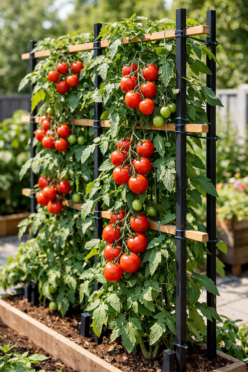 Ripe red tomatoes growing on green plants supported by a vertical trellis in a small garden.