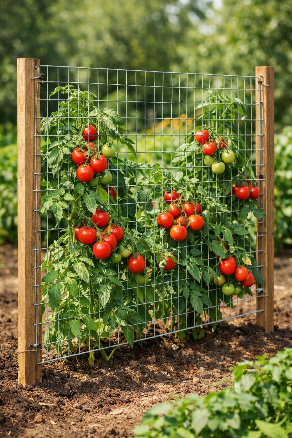 Tomato plants growing on a wire mesh trellis in a garden with ripe red tomatoes and green leaves.