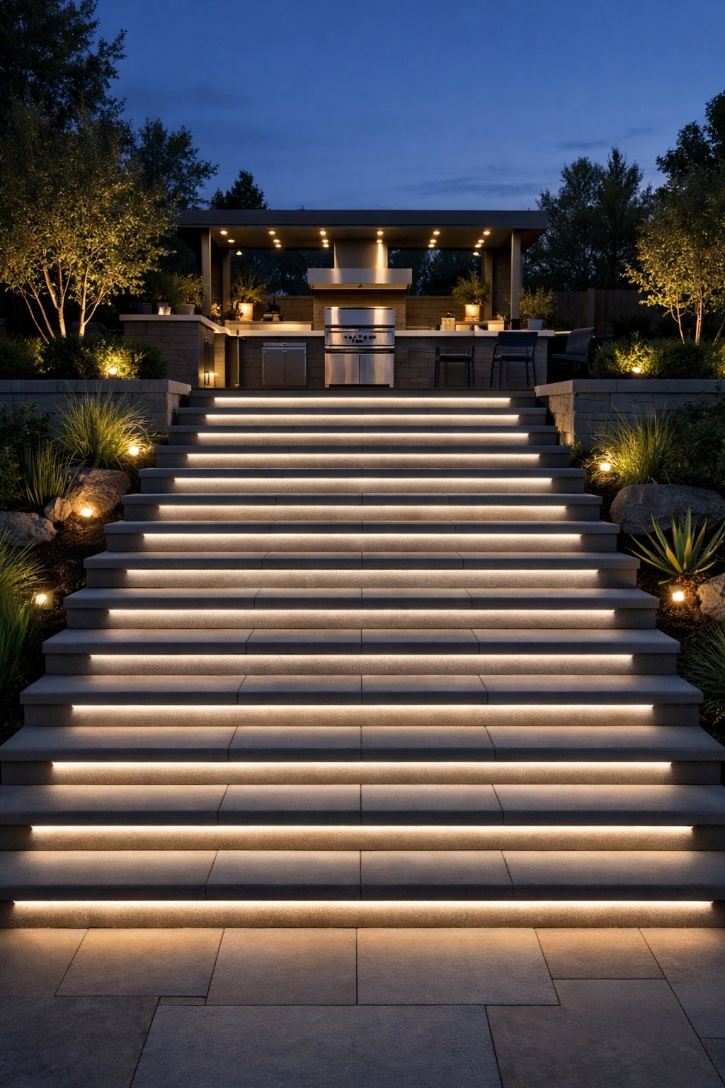 Backyard staircase with LED strip lights under each step leading to an outdoor grill area at night.